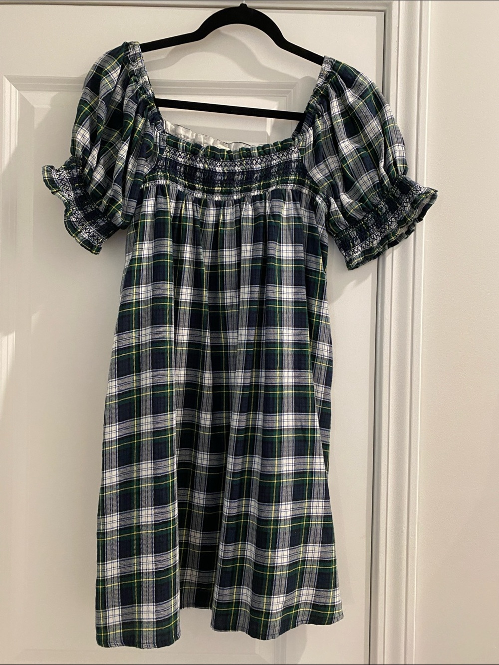 American Eagle Outfitters Navy Green White Plaid Smocked Babydoll Dress